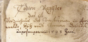 Titel des Freienwalder Totenregisters von 1598 – 1638