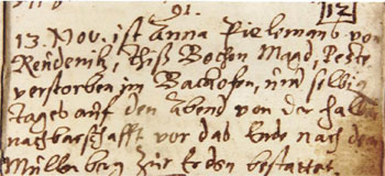Pesttod und Beerdigung der Magd Anna Pielemann aus Rüdnitz 1624 auf dem Mühlenberg. Einen Tag später wurde auf dem nahe gelegenen Pfingstberg ein neuer Begräbnisplatz für die Pesttoten vom Tornow in Gebrauch genommen, der später auch zur Beerdigung von Fremden und Bettlern diente.